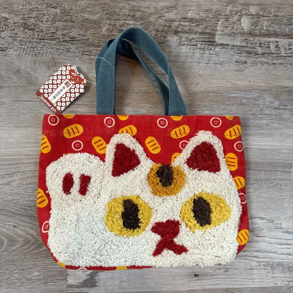 NWT Pokomoko Manekineko Lucky Cat Punch Needle Tote Bag Japanese Shanti